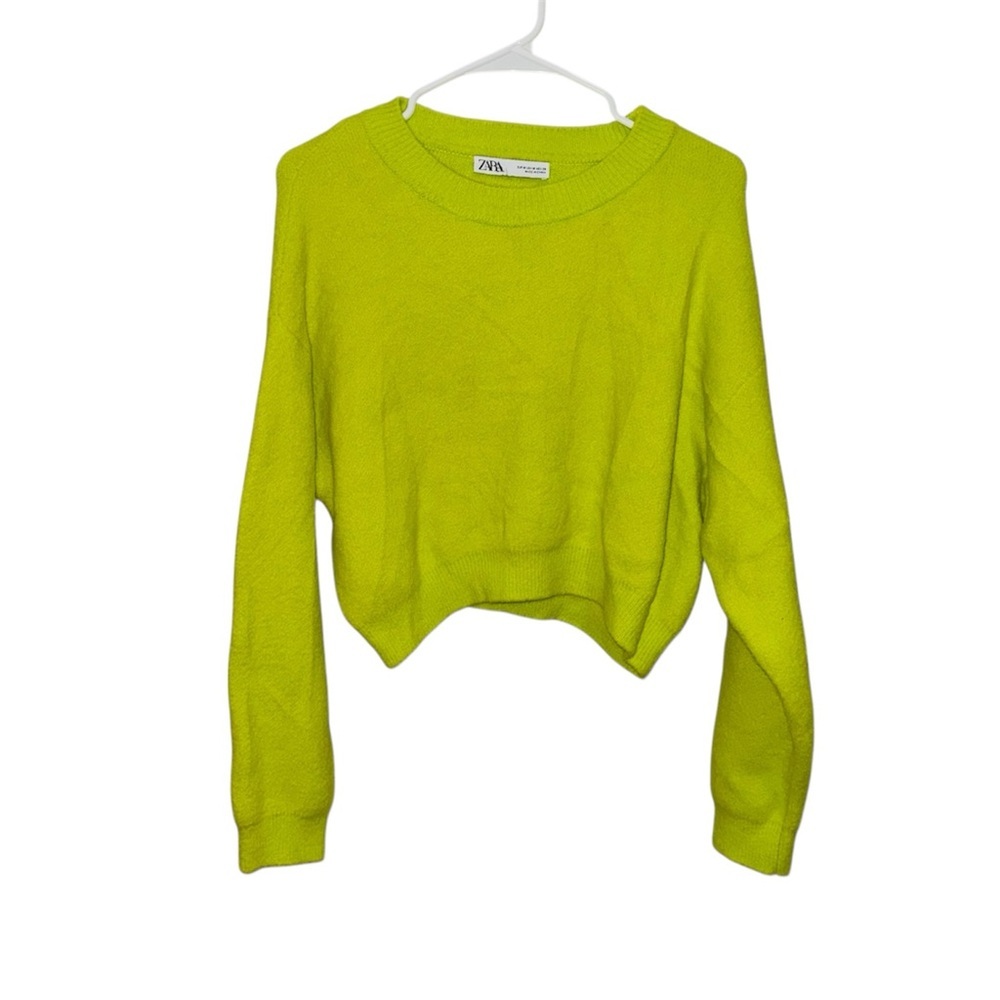 Zara Neon Green Edgy Cropped Fuzzy Crew Neck Sweater - Picture 3 of 5